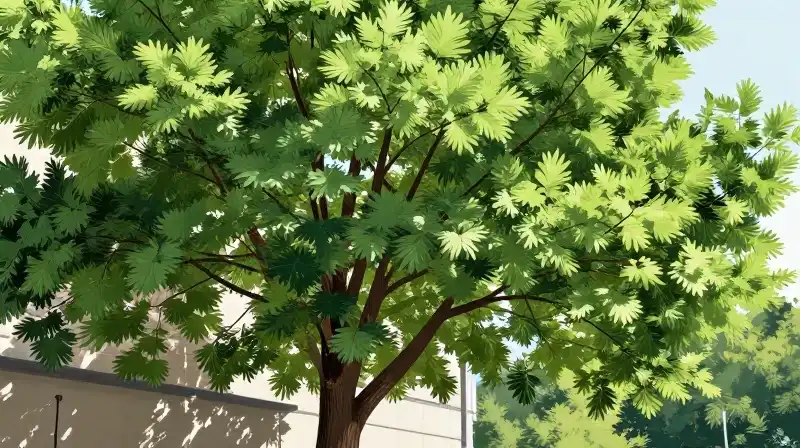 A detailed elm tree thrives in a sun-dappled urban corner