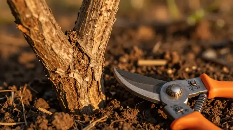 Golden light illuminates the textured cinnamon branch and resting shears