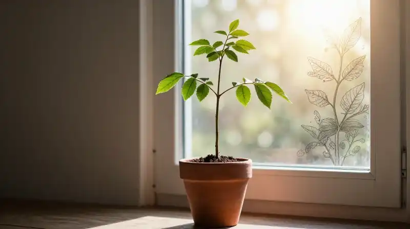 A cinnamon sapling in a terracotta pot is bathed in dramatic sunlight