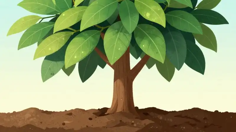 A whimsical cinnamon tree stands vividly against fertile soil in morning light