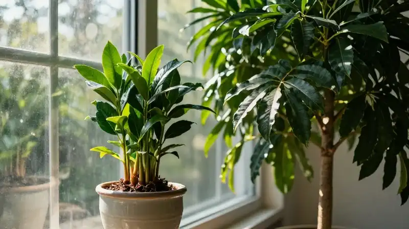 Indoor plant and lush tree bathed in soft morning sunlight