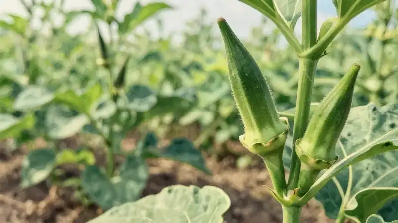 Close-up watercolor of okra in a lush, sunlit garden