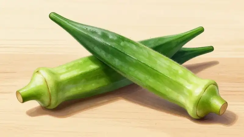 Two plump green okra rest on a rustic wooden surface in soft sunlight