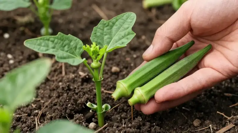 Vibrant green Clemson spineless okra pods are held in cupped hands over rich dark soil