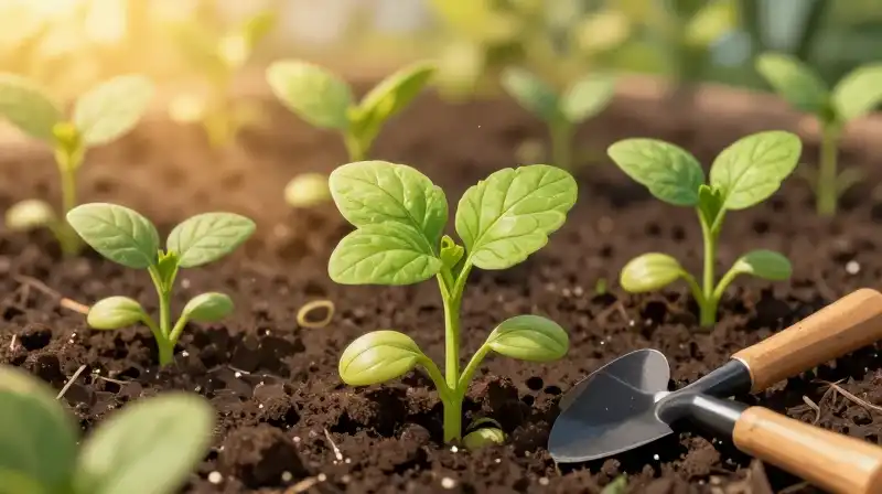 Warm golden sunlight illuminates small okra seedlings in dark soil