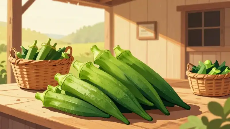 Green okra spills from rustic baskets under warm golden sunlight
