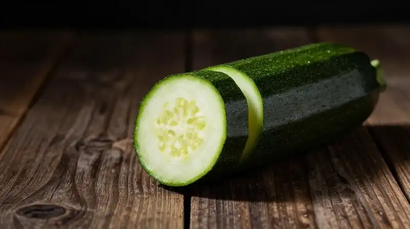 A vibrant, dark green zucchini cross-section sits on a rustic wooden surface