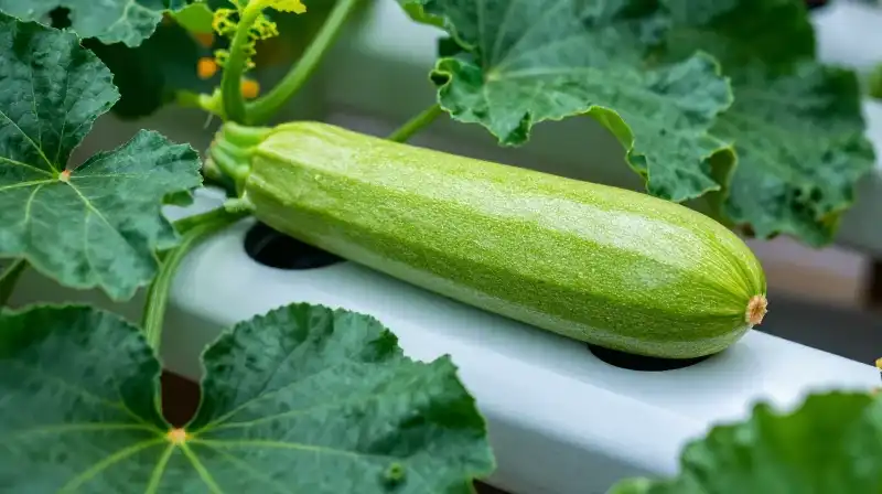 Vibrant zucchini thrives amidst lush, dramatically lit hydroponic growth