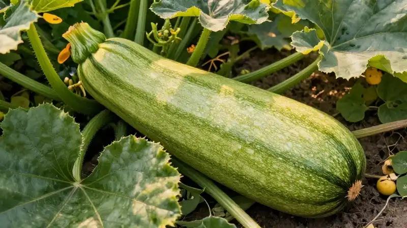 A giant zucchini hangs from a lush green vine in a warm, golden garden