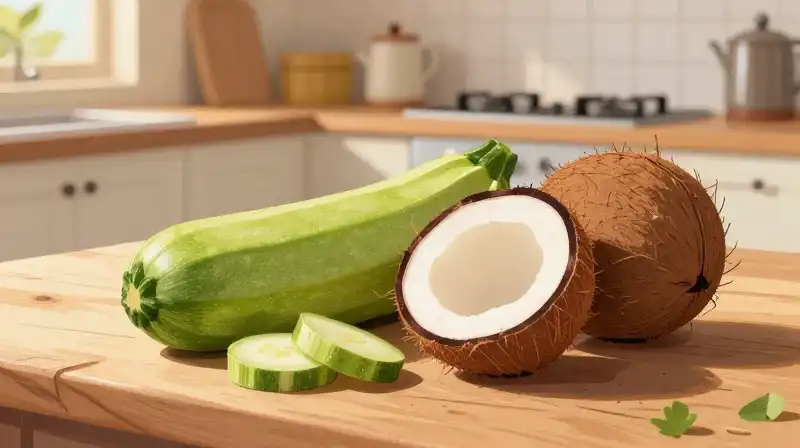 Stylized zucchini and coconut on a rustic wooden table bathed in warm sunlight