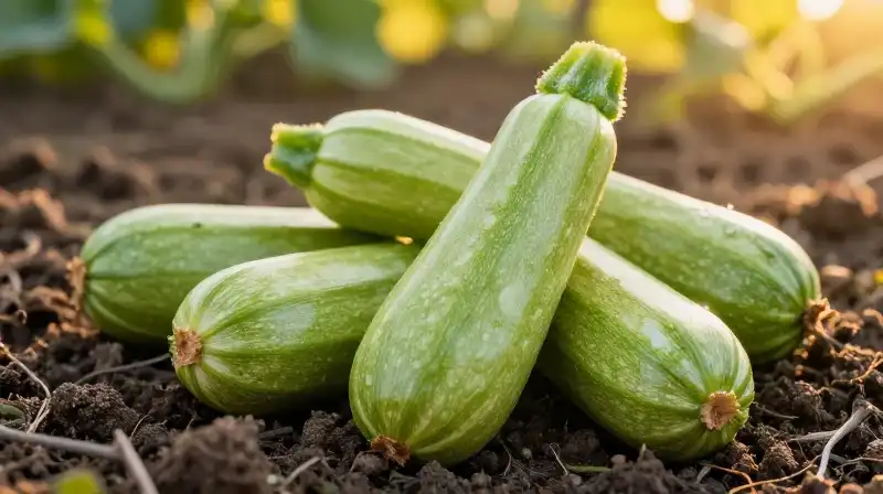 Vibrant green zucchinis overflow from the rich soil under warm golden light