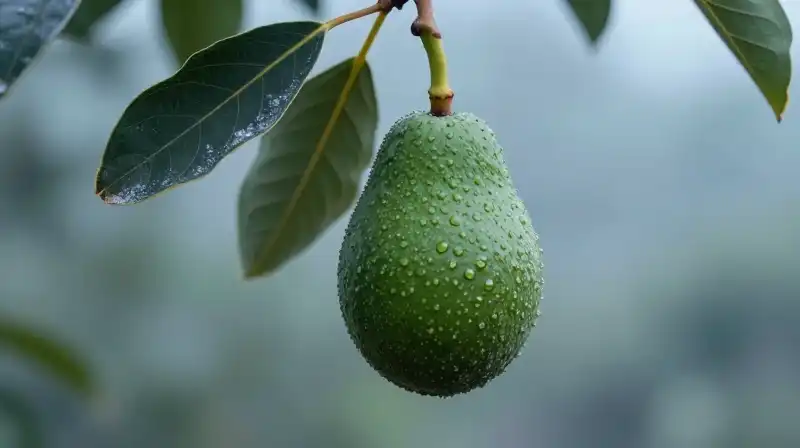 A single, dramatically lit avocado tree stands against a frosted background