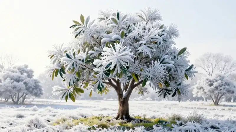 A frost-covered avocado tree glows in soft winter light