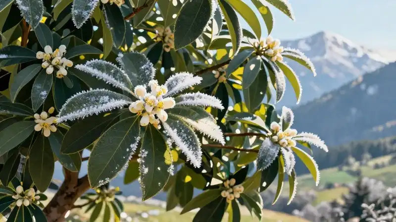 A frosted avocado blossoms shine in a rugged alpine landscape
