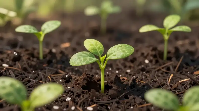 Vibrant green saplings emerge from fertile, dark earth