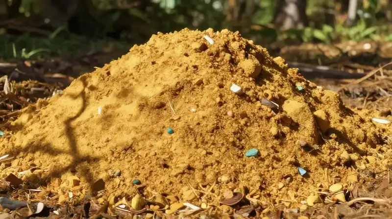 Vibrant golden compost mound bathed in dappled sunlight