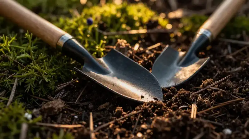 Dappled golden light falls on rich dark soil and garden tools