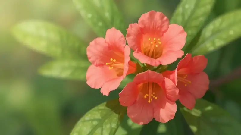 Vibrant coral flowers bloom nestled in lush green foliage
