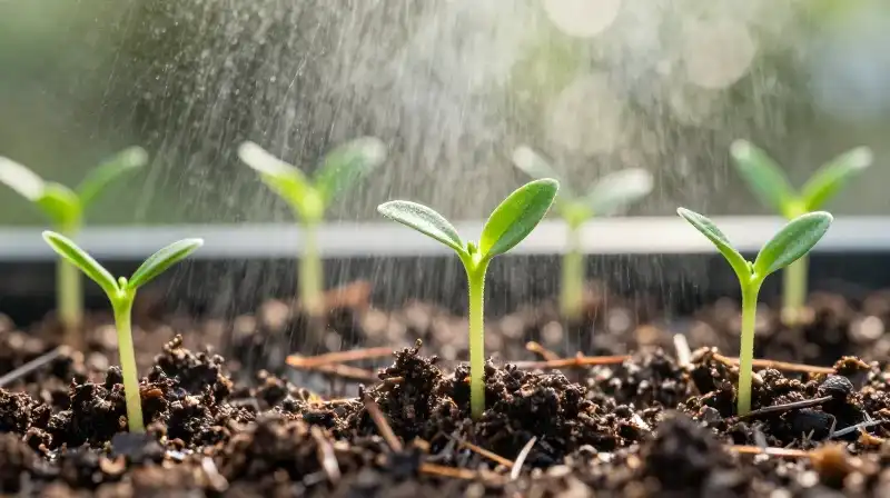 Delicate bright green seedlings grow in misty, rich soil