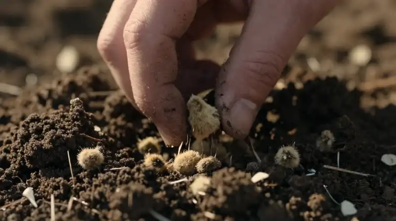 A hand gently sifts rich soil and scattered cotton burrs in warm light