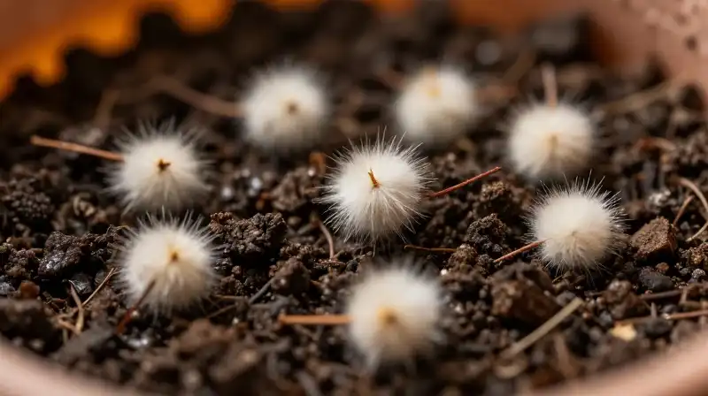 Clustered cotton seeds emerge from dark, moist soil