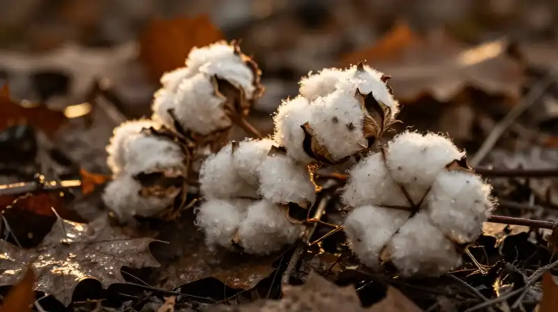 Golden light bathes dry cotton burrs upon damp forest leaf mulch