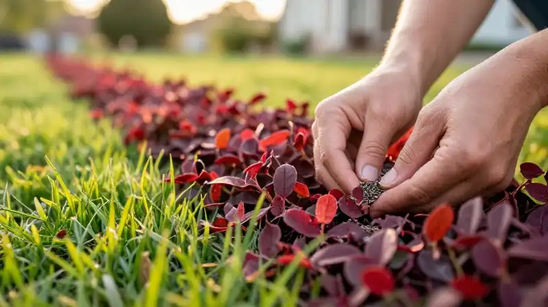 Hands sort dark seeds amid lush grass during the golden hour