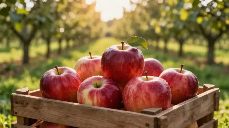 Vibrant red apples rest in a wooden crate under warm golden light