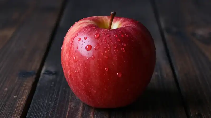 A shiny crimson apple rests on a dark, rustic wooden surface