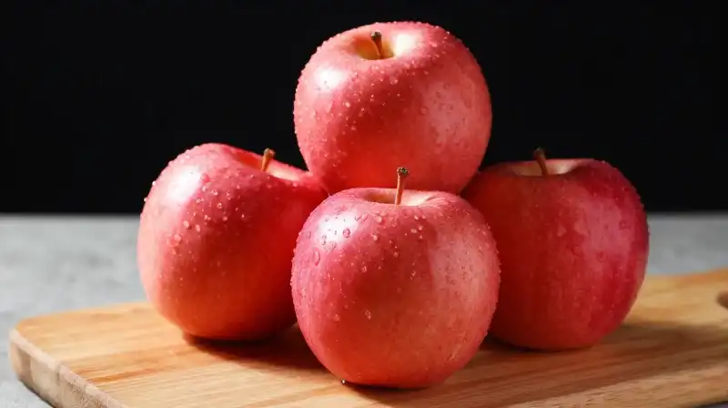 A vibrant crimson apple rests among a crisp heap of fruit