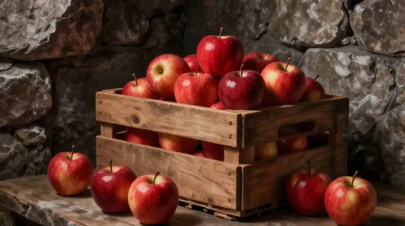 Crimson apples in crates dramatically lit inside a rustic stone cellar
