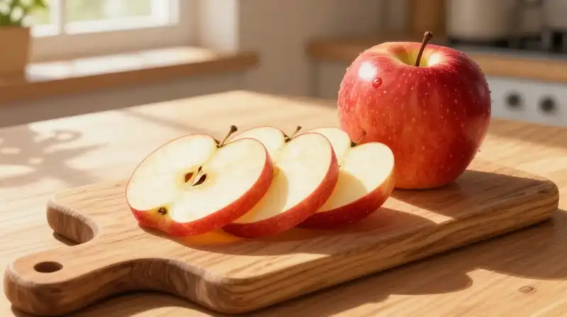 Crimson slices glow on rustic wood in a sunny kitchen