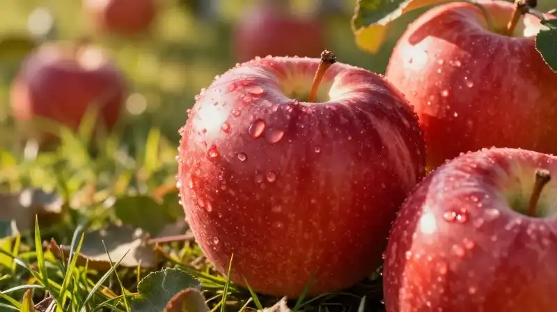 Crimson apples gleam amidst an abundant orchard in warm, golden sunlight