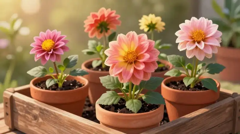 Vibrant dahlia seedlings glow in warm golden light in terracotta pots