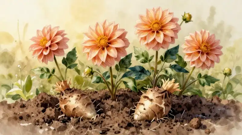 Vivid dahlias thrive in rich soil under soft, golden hour light