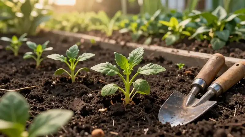Dahlia seedlings emerge from dark soil bathed in golden light