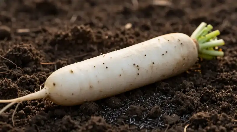 A perfect white radish rests in rich, warm soil