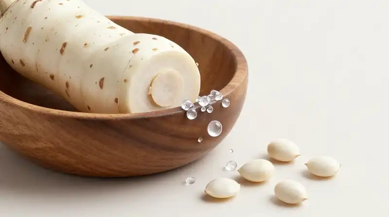 Crystalline seeds and droplets resting in a rustic wooden bowl