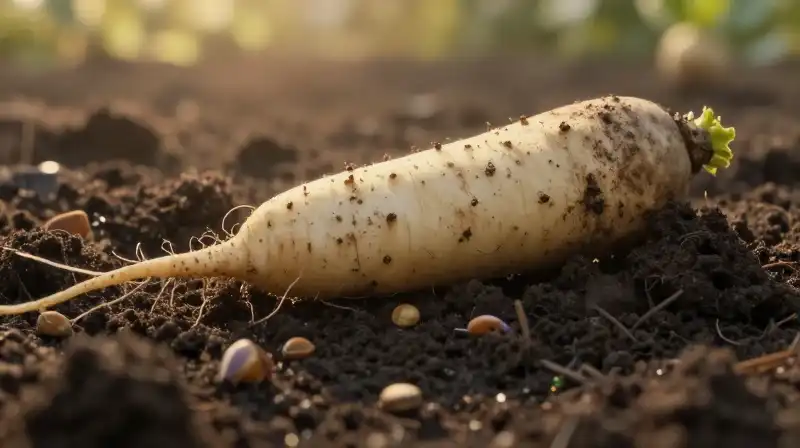 Golden light illuminates tiny daikon seeds on moist, raked soil