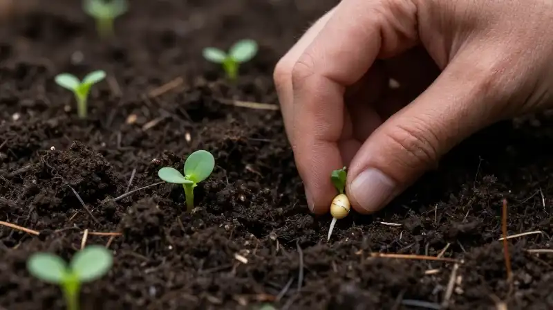 A focused hand plants small green sprouts into rich, dark soil
