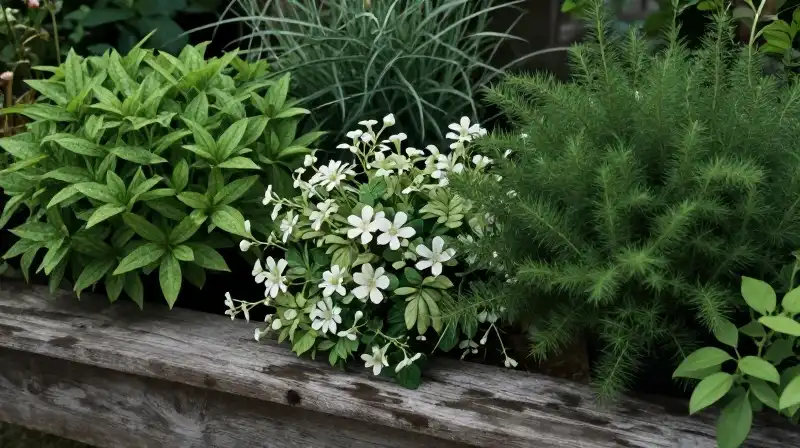 Lush dark green flowers sit beautifully on weathered garden wood