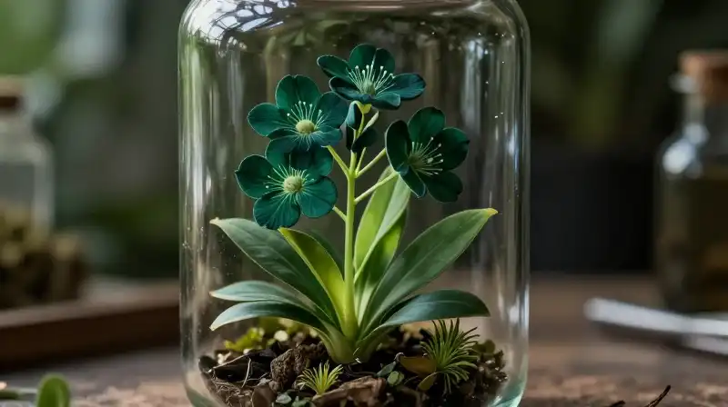 Volumetric light highlights dark emerald flowers in a glass jar
