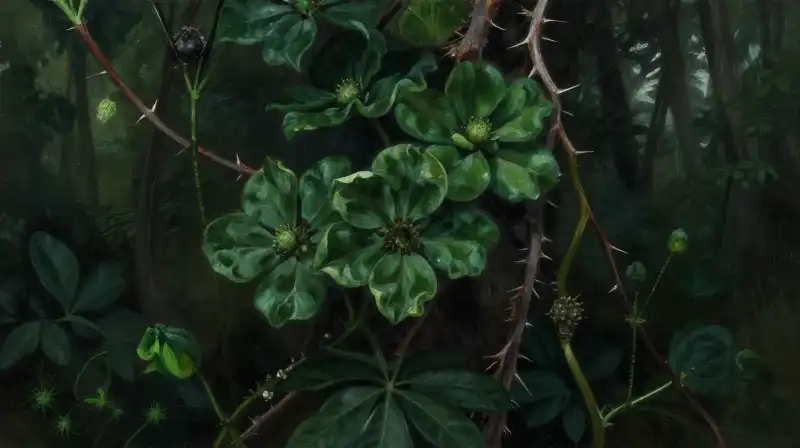 Intricate, dark green flowers and thorny vines haunt the moody forest