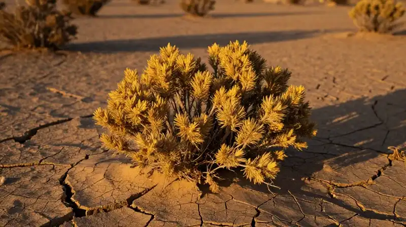 A resilient desert shrub thrives in golden-lit cracked earth