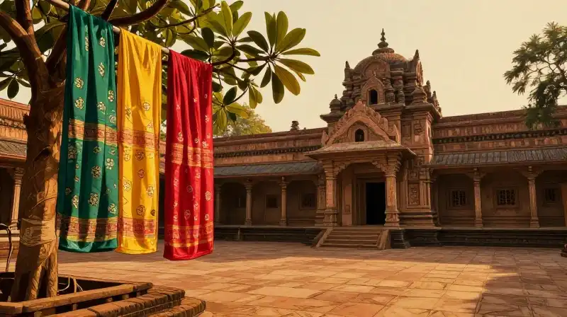 Devadarru plant stands in an ancient, golden temple courtyard