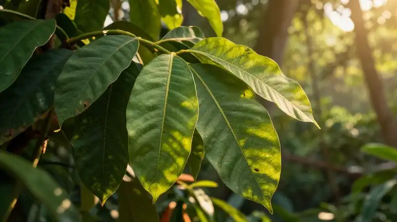 Golden hour bathes the Devadaru plant within a lush tropical environment