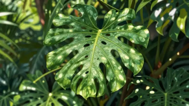 Vibrant Devadaru plant framed by lush, dappled tropical foliage