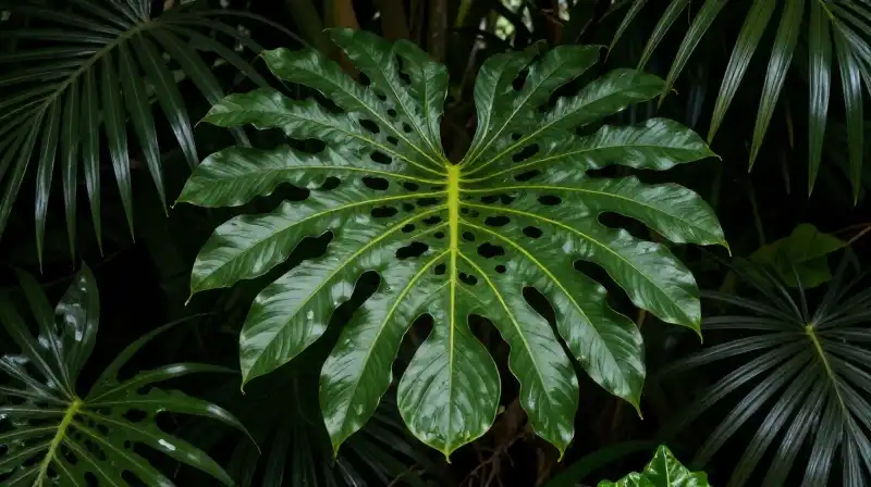 Intricate green Devadaru leaves bathed in filtered tropical light