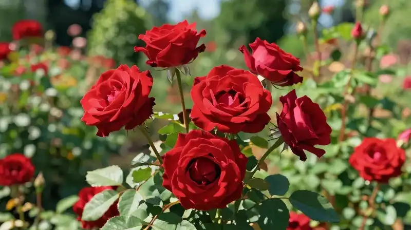 Lush garden bathed in bright light showcases pristine, deep red roses