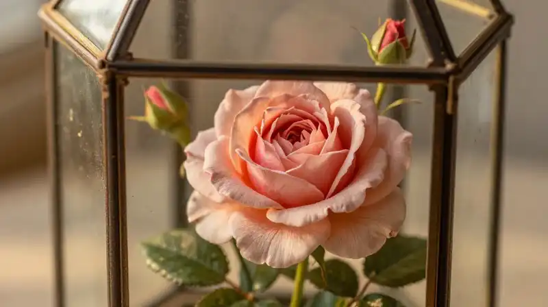A detailed rose shines in an ornate, glowing glass terrarium